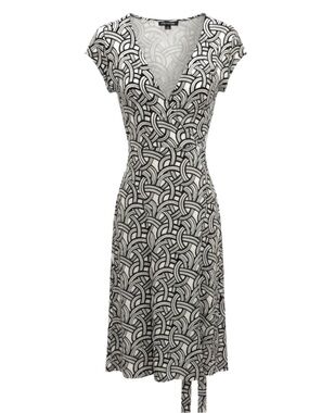 Banana Republic Black & White V-Neck Patterned Midi Dress